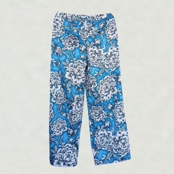 Worthington Floral Palazzo Pants Zip Front Pockets Teal White Abstract Floral - Picture 2 of 8